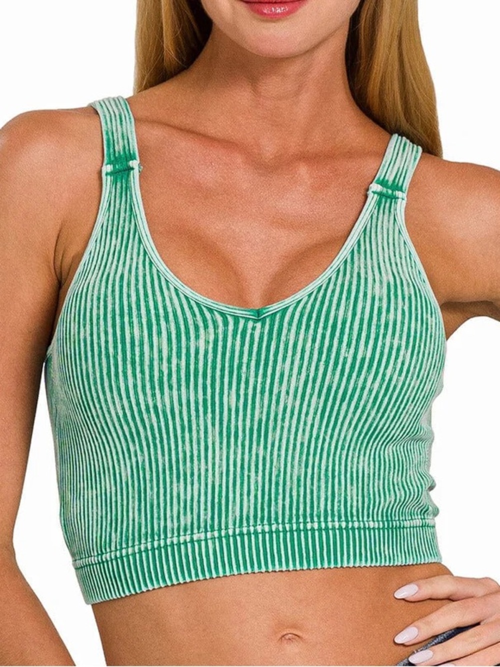 NEW💚 Zenana Washed Cropped Bra Padded Tank Top Dark Green S/M